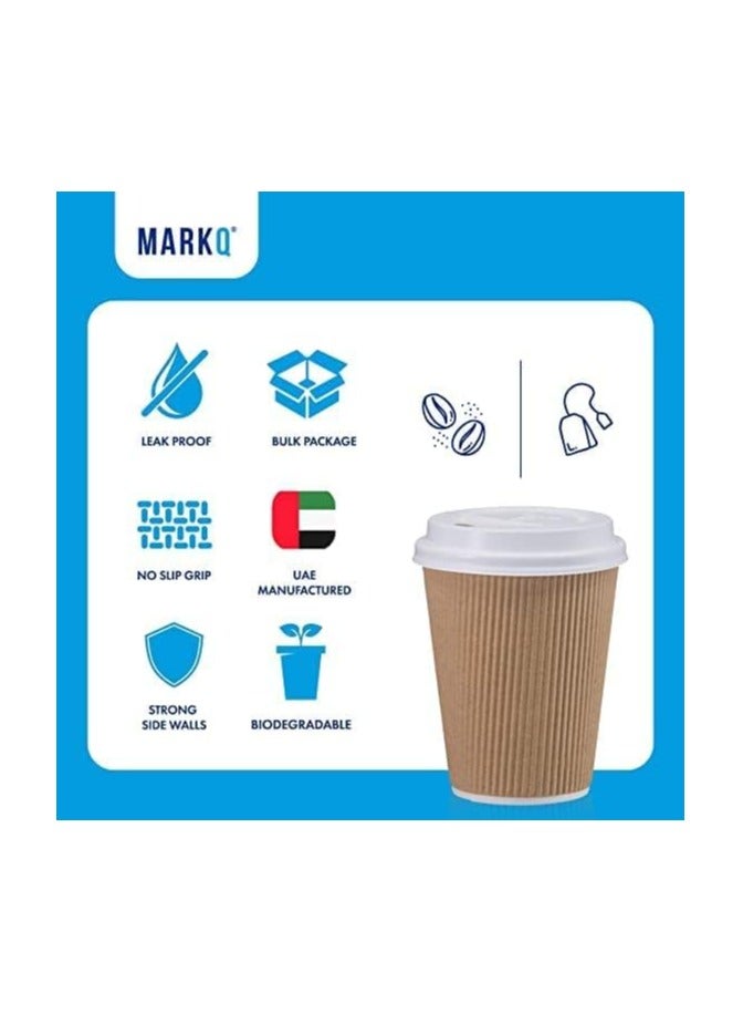 MARKQ [25 Sets] 8 oz. Brown Disposable Ripple Insulated Coffee Cups with Lids - Hot Beverage Corrugated Paper Cups  - Image 3