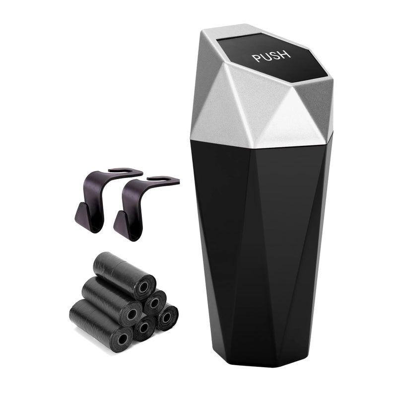 Ginsco Car Trash Can Cup Holder Mini Car Trash Can with Lid Car Accessories for Interior Leakproof Small Trash Cup for Car Home with 2 ABS Hooks and 90pcs Trash Bags Silver