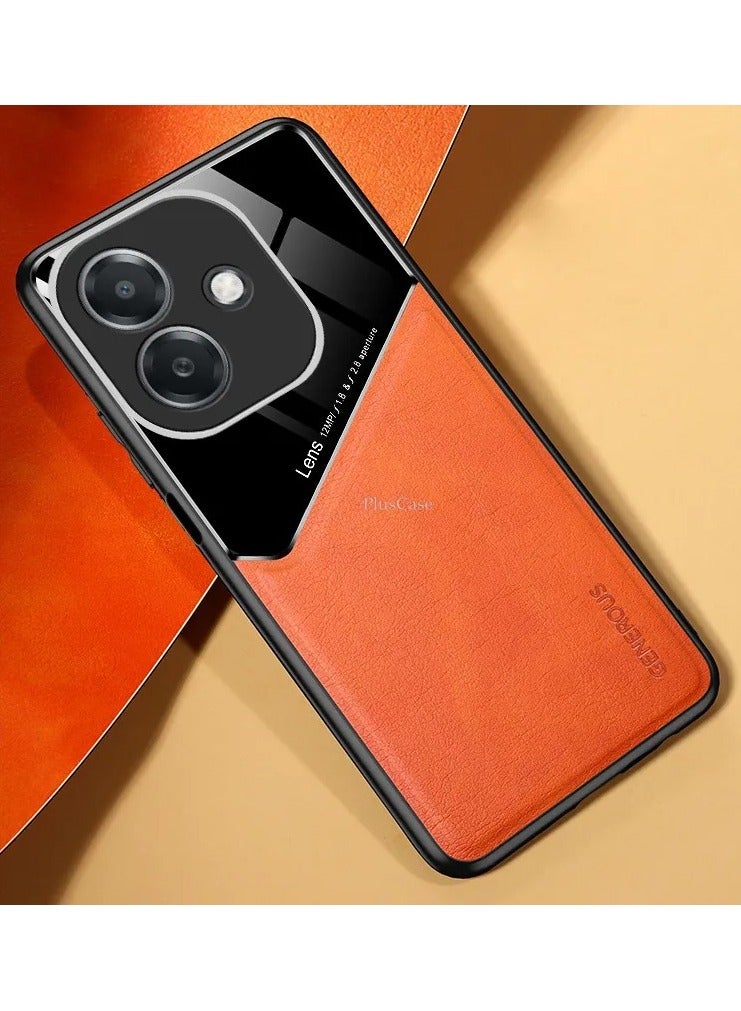 Case Compatible With Oppo A3/A3X, Cover Luxury Leather And Glass With Car Magnetic Holder Phone Cover Soft Frame Silicone - Orange - Image 1