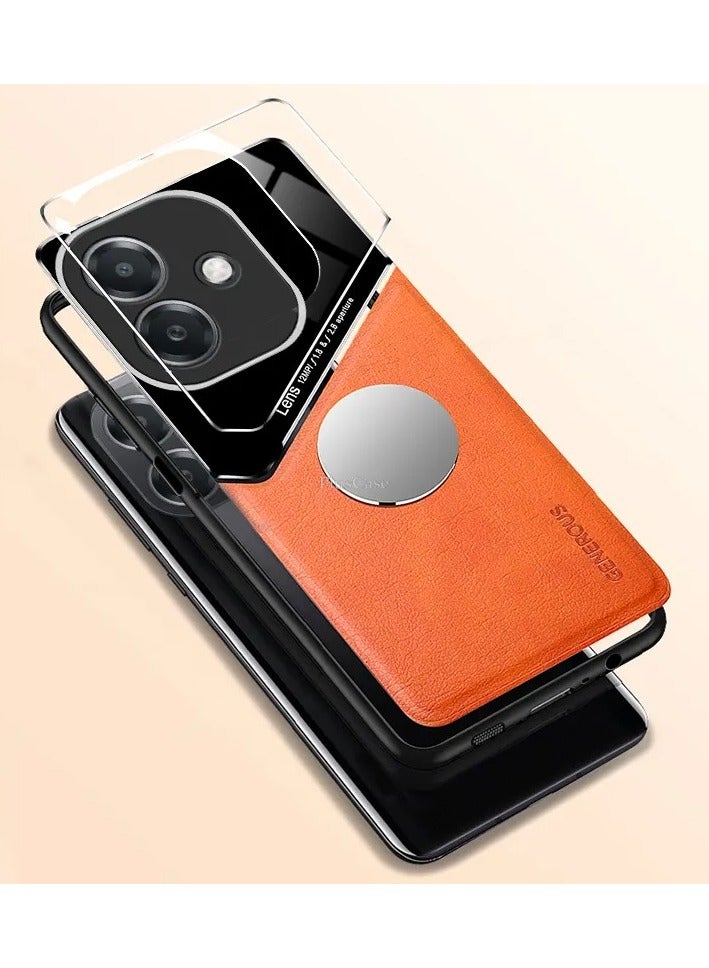 Case Compatible With Oppo A3/A3X, Cover Luxury Leather And Glass With Car Magnetic Holder Phone Cover Soft Frame Silicone - Orange - Image 2