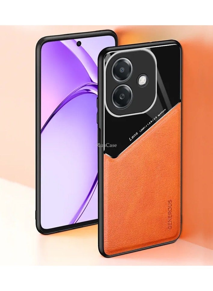 Case Compatible With Oppo A3/A3X, Cover Luxury Leather And Glass With Car Magnetic Holder Phone Cover Soft Frame Silicone - Orange - Image 3