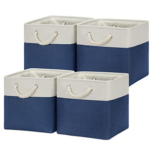 Temary Fabric Storage Cubes for Organizing 4Pack Blue Fabric Storage Basket 12 Inch Cube Storage Bins with Handles for Organizing Toys, Shelf Baskets for Home Office Closet (White&Blue) - Image 1