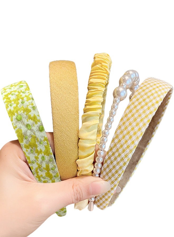 Pearl headband fabric headdress pleated five-piece set, Yellow 