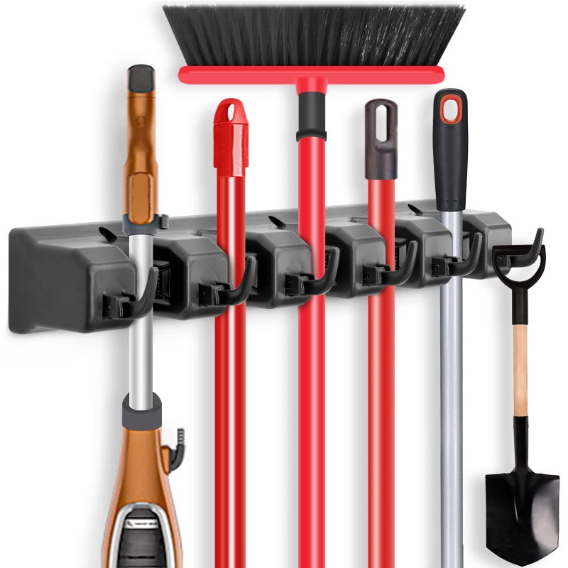 IMILLET Mop and Broom Holder, Wall Mounted Organizer-Mop and broom Storage Tool Rack with 5 Ball Slots and 6 Hooks (Black) - Image 1
