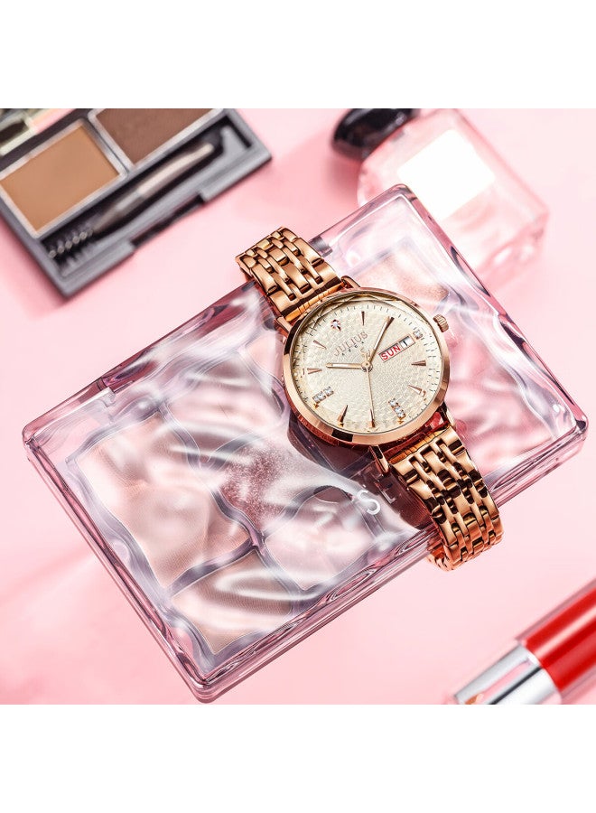 Julius Women's Watch With Sunday Date Display, Luminous Dial, Student Elegant Zirconium Design, Waterproof Quartz Watch In Rose Gold Ja-1522a - Image 3