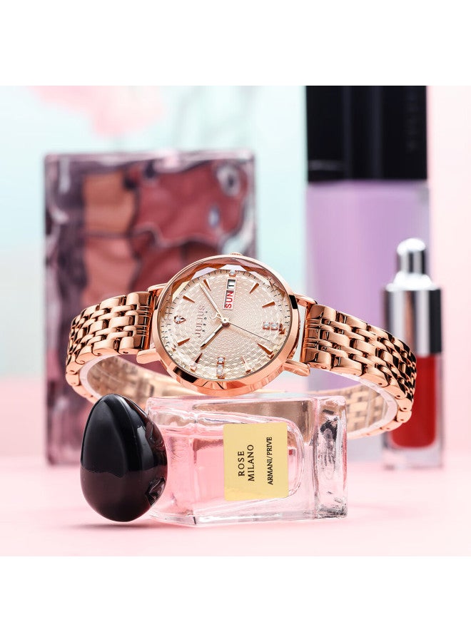 Julius Women's Watch With Sunday Date Display, Luminous Dial, Student Elegant Zirconium Design, Waterproof Quartz Watch In Rose Gold Ja-1522a - Image 4