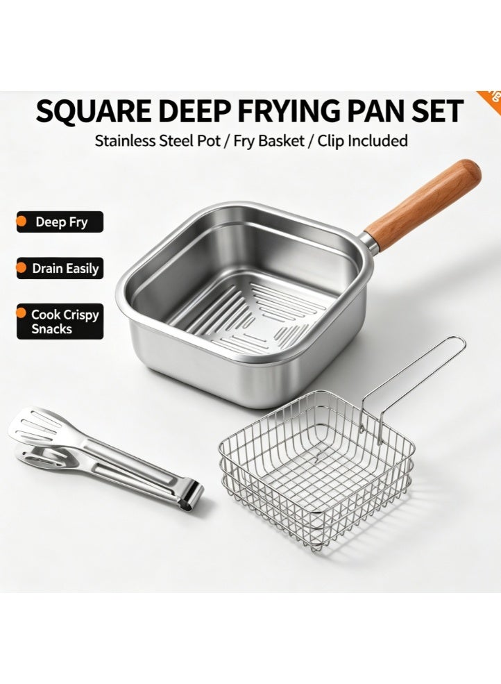 Square Stainless Steel Deep Frying Pan Set with Fry Basket & Food Clip, Wooden Handle Deep Fryer Pot, Multi-purpose Cooking Pan for Fried Snacks, Compatible with Gas & Induction Stoves - Image 1