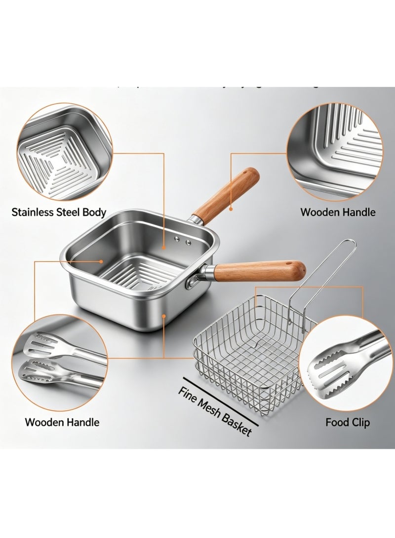 Square Stainless Steel Deep Frying Pan Set with Fry Basket & Food Clip, Wooden Handle Deep Fryer Pot, Multi-purpose Cooking Pan for Fried Snacks, Compatible with Gas & Induction Stoves - Image 2