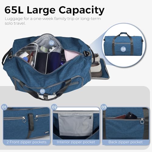 Fmeida 65L Duffle Bag with Shoes Compartment, Foldable Travel Duffel Bags for Men Women, Large Packable Travel Bag Water Repellent & Tear Resistant (Blue) - Image 4