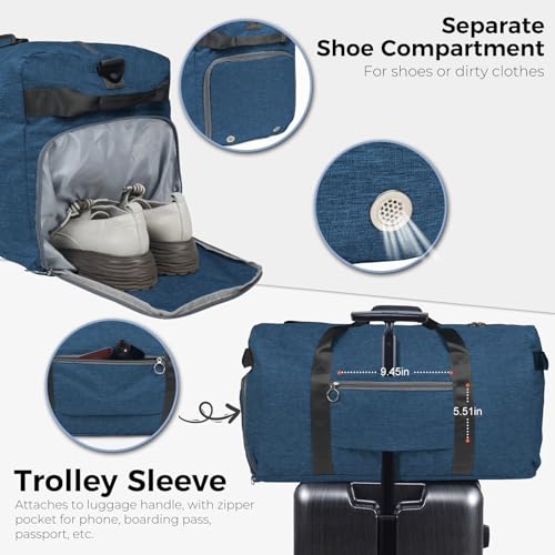 Fmeida 65L Duffle Bag with Shoes Compartment, Foldable Travel Duffel Bags for Men Women, Large Packable Travel Bag Water Repellent & Tear Resistant (Blue) - Image 5