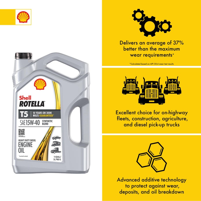 Shell Rotella زيت محرك ديزل شل روتيلا T5 خليط صناعي 15W-40، 1 جالون - Image 4