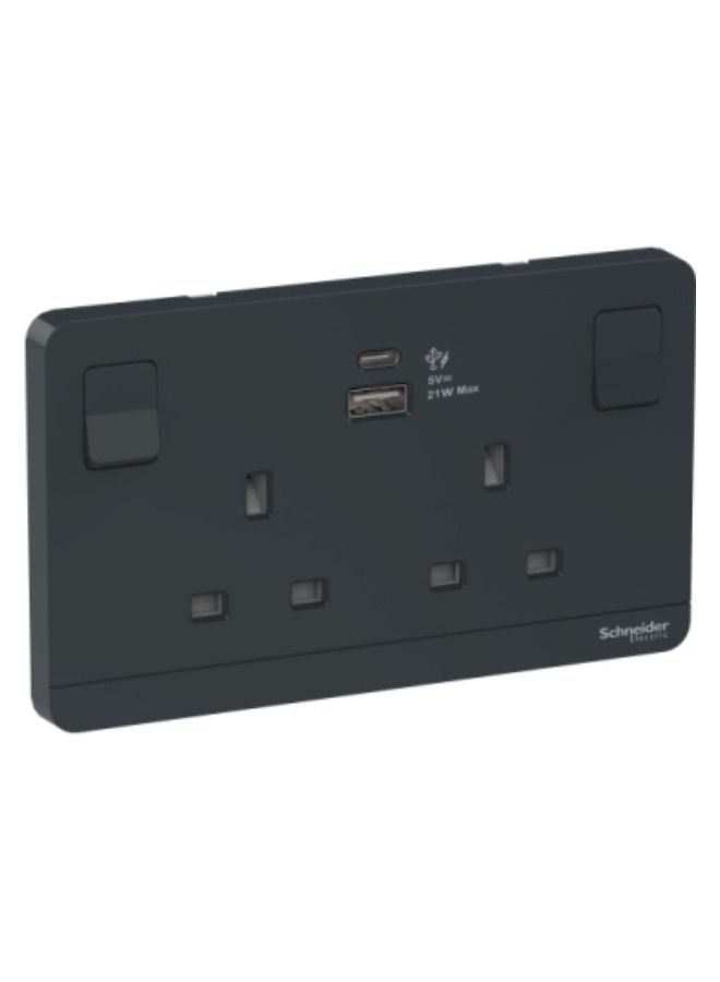 Schneider Electric Schneider Electric Switched socket with USB charger, Avataron, 21W type A+C, 2 gang, 13A, dark grey (Model Number-E83T25ACUSB_DG_G12) 
