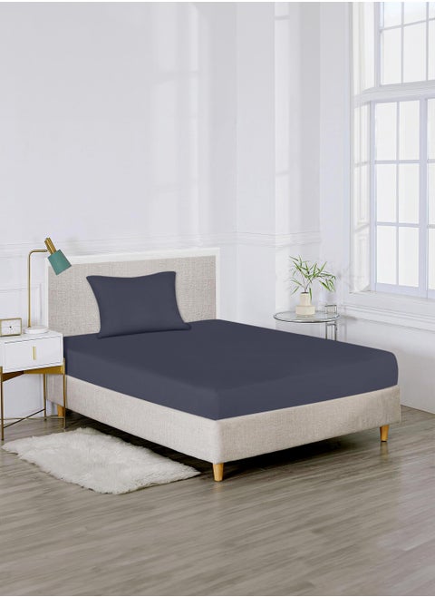 Single Plain Fitted Elastic Bedsheet with 1 Pillow Case 90 x 190 Cm Navy Blue