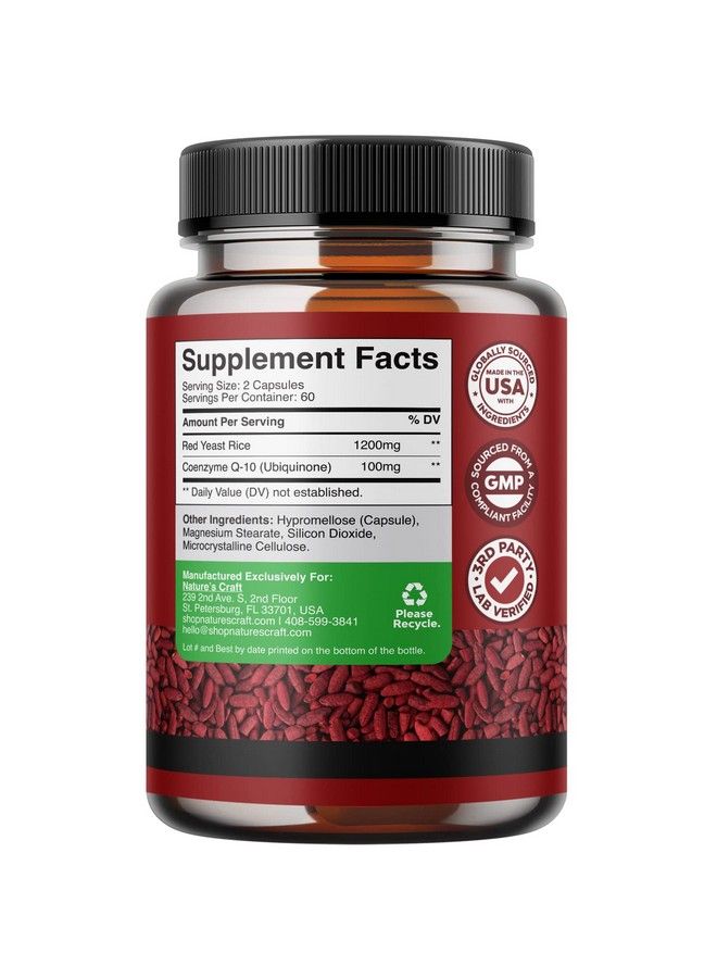 Red Yeast Rice With Coq10 Supplement Extra Strength Citrininfree Red Yeast Rice 1200 Mg. Capsules With Coq10 100Mg Heart Health And High Cholesterol Lowering Supplement 120 Veggie Capsules