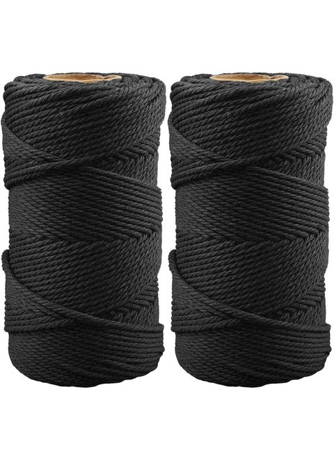 2 Rolls Black Cotton Rope, 3Mm*100M Each Roll Paracord Natural Twisted Soft Cord, Thick Cotton Twisted Cord Tie-Down Ropes For Pet Toys, Macramé, Knotting, Crafts Packing