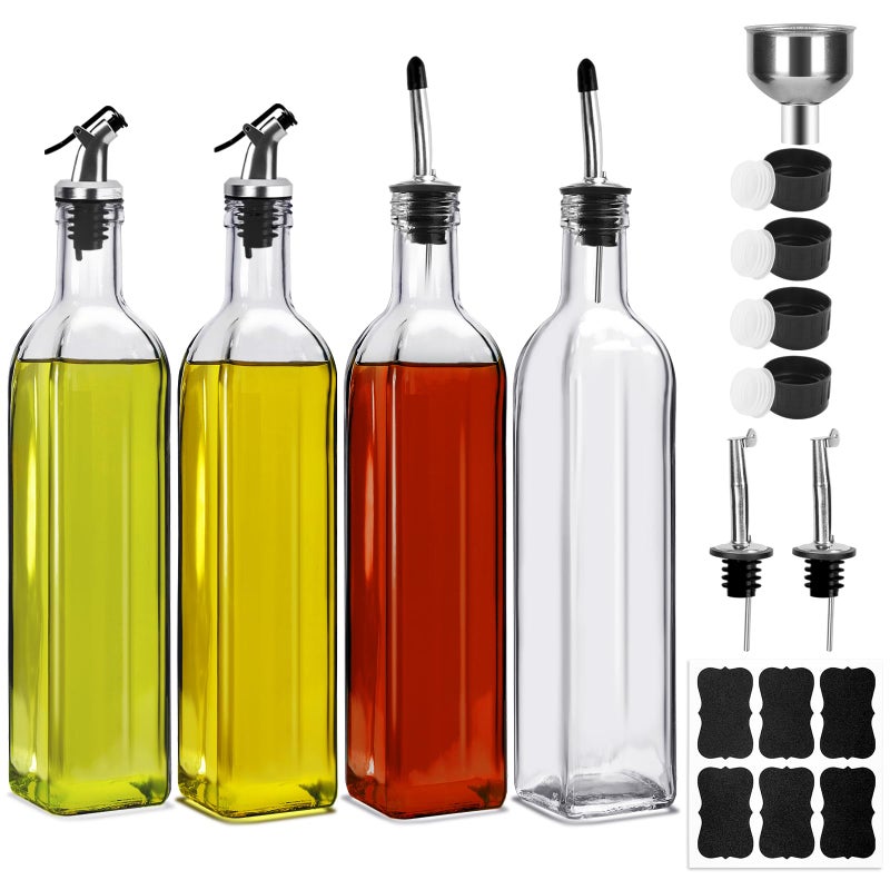 BAKHUK 4 Pack 17oz Olive Oil Dispenser Bottles 500ml Clear Glass Vinegar Cruet with Pourers and Funnel for Kitchen