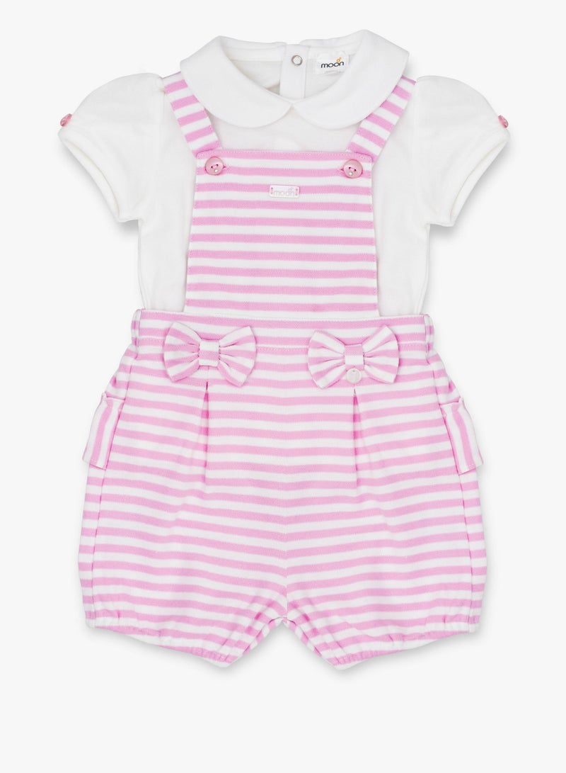 MOON 100% Cotton Collar Top and Dungaree 18-24 M Pink - Pink Stripes - Image 1