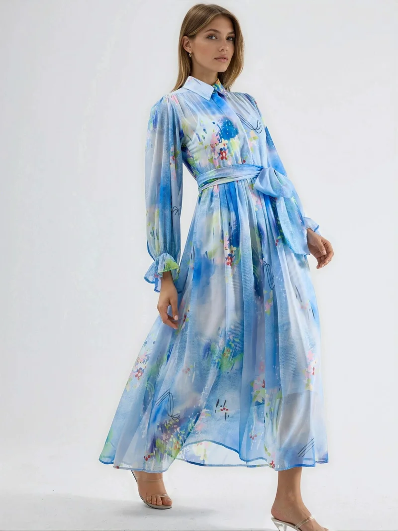 جينيفر Abstract Pattern Maxi Shirt Dress with Belt