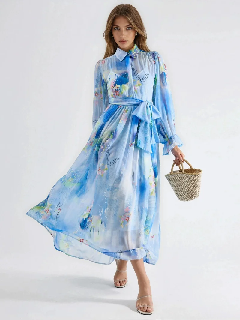 جينيفر Abstract Pattern Maxi Shirt Dress with Belt