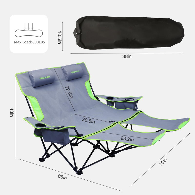 RODANNY Double Camping Chair,Adjustable Two Person Adjustable Backrest Reclining chairs with Foot Rest,Oversized Folding Camping Loveseat,Office,Beach,Lawn,Headrests,Cooler Bag,Cup Holder,Support 600lbs - Image 3