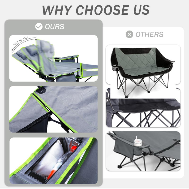 RODANNY Double Camping Chair,Adjustable Two Person Adjustable Backrest Reclining chairs with Foot Rest,Oversized Folding Camping Loveseat,Office,Beach,Lawn,Headrests,Cooler Bag,Cup Holder,Support 600lbs - Image 4