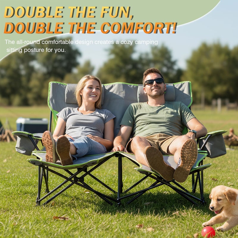 RODANNY Double Camping Chair,Adjustable Two Person Adjustable Backrest Reclining chairs with Foot Rest,Oversized Folding Camping Loveseat,Office,Beach,Lawn,Headrests,Cooler Bag,Cup Holder,Support 600lbs - Image 2