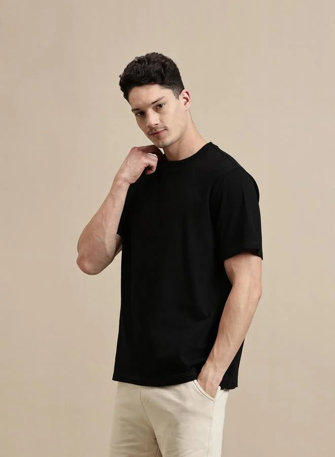 ECOLORE Men Black Crew Neck 100% Cotton Comfort Fit T-Shirt