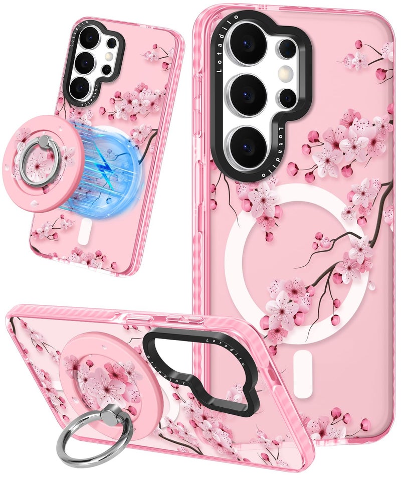 Lotadilo Cute Case for Samsung Galaxy S26 Ultra for Women Girls - Funny Peach Blossom Design Compatible with Magsafe Magnetic Ring Holder Kickstand Fashion TPU Phone Covers - Image 1