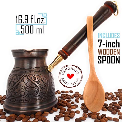 DEDE Copper - IST Series (XLarge-16.9 floz)-Thickest Solid Copper Engraved Turkish Greek Arabic Coffee Pot with Wooden Handle, Stovetop Coffee Maker Cezve, Jezve, Jazva, Jazzve, Ibrik, Briki (Antique) - Image 3