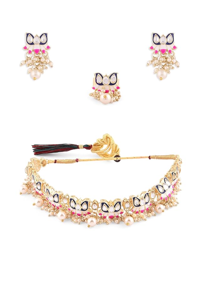 erorex Blue And Pink Meenakari Lotus Design Choker Necklace Earring And Ring Set For Women Zpfk14435  - Image 1
