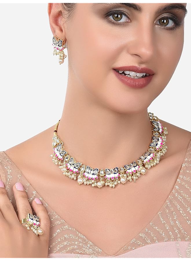 erorex Blue And Pink Meenakari Lotus Design Choker Necklace Earring And Ring Set For Women Zpfk14435  - Image 2