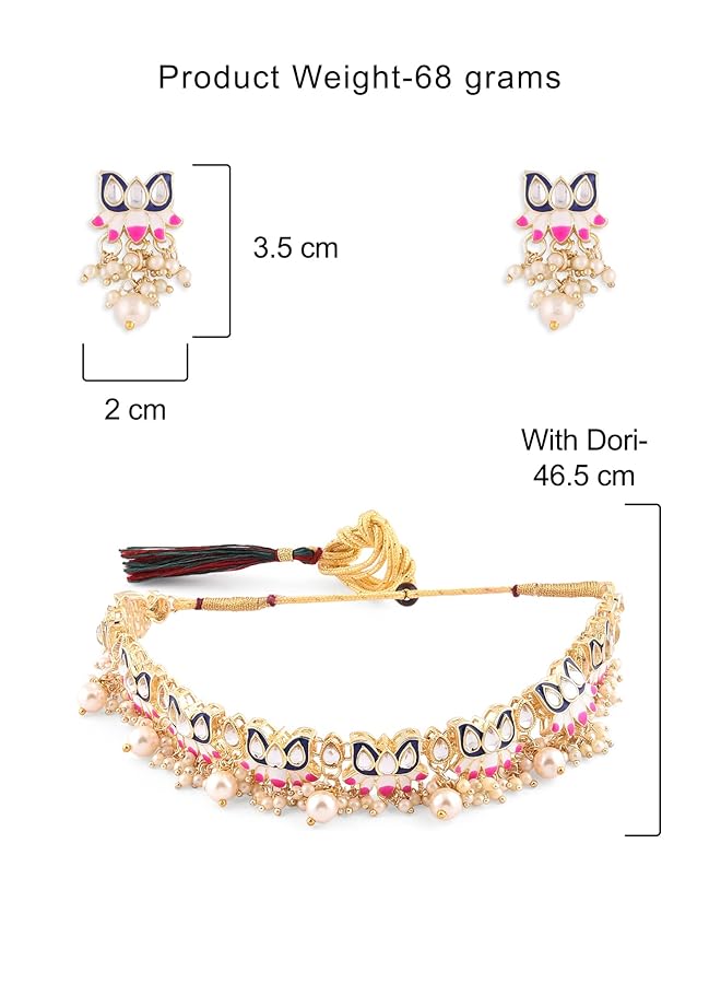 erorex Blue And Pink Meenakari Lotus Design Choker Necklace Earring And Ring Set For Women Zpfk14435  - Image 5