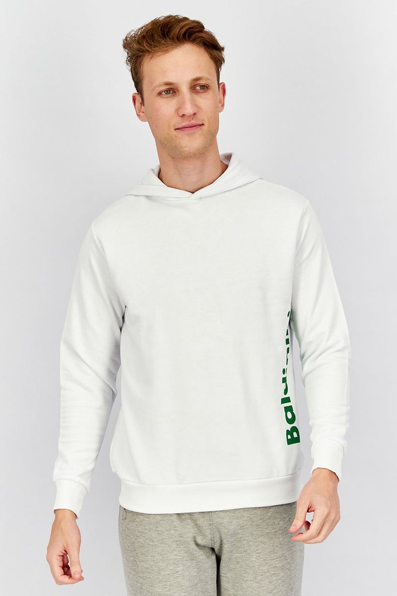 Baldinini Men Brand Logo Drawstring Hooded Sweatshirt, White and Green - Image 1