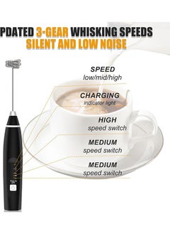 Arabest Milk Frother, USB Rechargeable Coffee Frother Electric Whisk Electric Foam Maker, 3-Speed Adjustable Milk Frother with Two Stainless Steel Whisks, For Lattes, Frappe, Matcha, Hot Chocolate (Black)  - Image 2