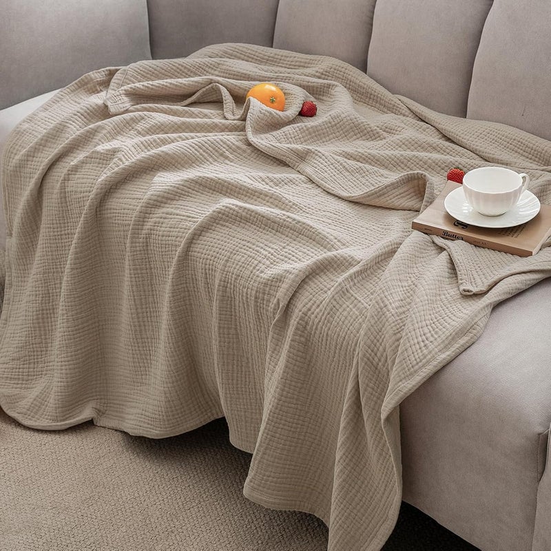 PHF 100% Cotton Muslin Blanket Twin Size (165cm x 230cm), 4-Layer Lightweight and Breathable Blanket for Summer, Luxuriously Soft Gauze Bedding for Bed, Natural Minimalism Style, Ideal Gift, Light Tan - Image 1
