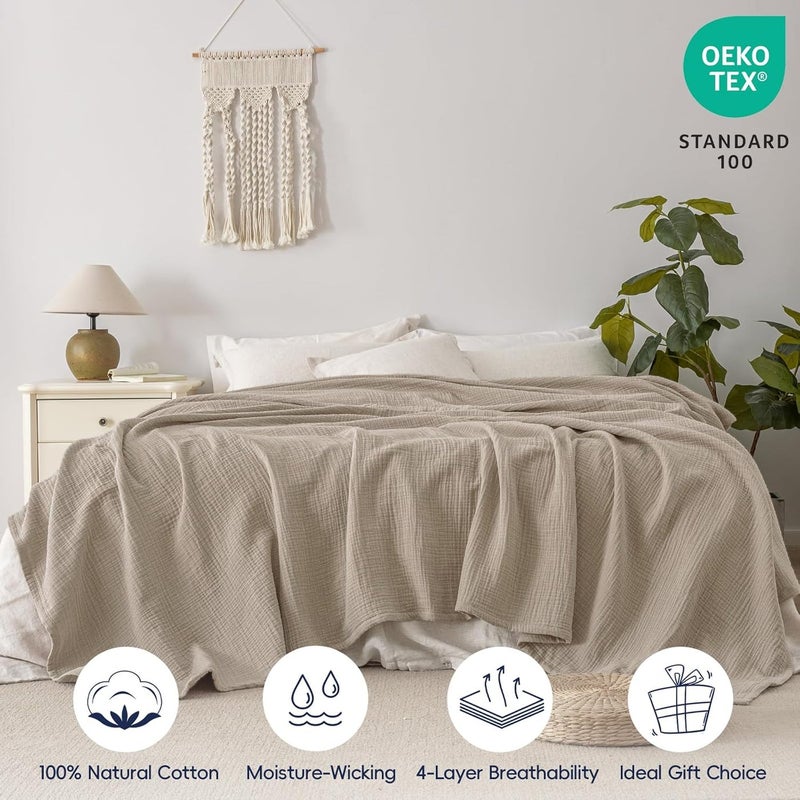 PHF 100% Cotton Muslin Blanket Twin Size (165cm x 230cm), 4-Layer Lightweight and Breathable Blanket for Summer, Luxuriously Soft Gauze Bedding for Bed, Natural Minimalism Style, Ideal Gift, Light Tan - Image 5