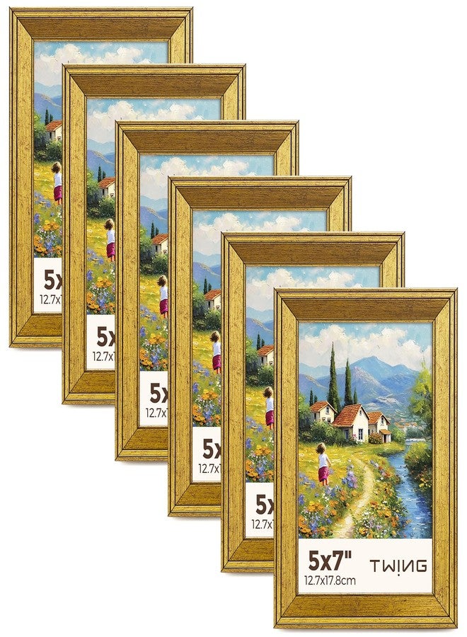 TWING 5x7 Gold Picture Frames Set of 6,Rustic Gold Frames Display Pictures 4x6 with Mat or 5x7 Without Mat,Tabletop Display and Wall Mounting Home Collage Photo Frame,Set for Wall Gallery - Image 1