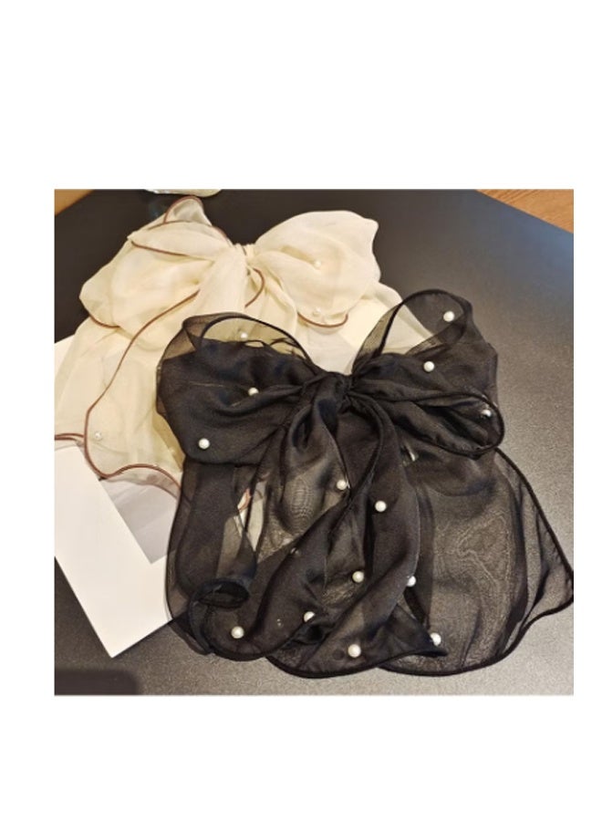 2-Pieces Pearl Bow Hair Clips Large Hairbands for Women (Black+Beige) - Image 1