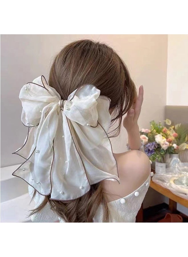 2-Pieces Pearl Bow Hair Clips Large Hairbands for Women (Black+Beige) - Image 2