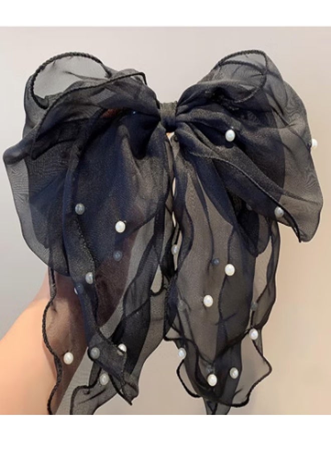 2-Pieces Pearl Bow Hair Clips Large Hairbands for Women (Black+Beige) - Image 4