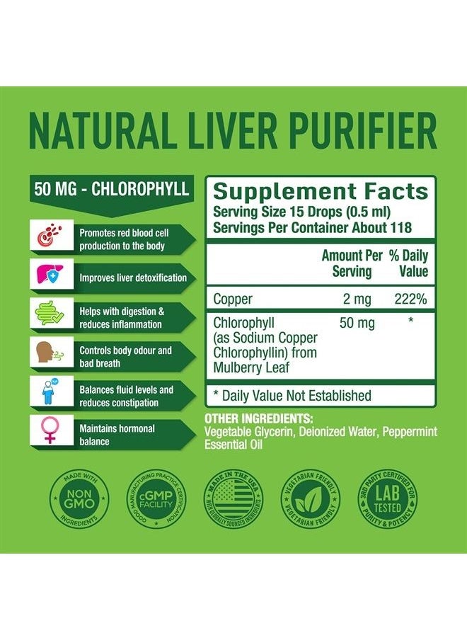 Purely Optimal - Premium Chlorophyll Liquid Drops - 100% Natural & Gluten Free Liquid Chlorophyll - Immune Support, Internal Deodorant, Body Detox, Energy Booster, Altitude Sickness - Non GMO, 118 servings - Image 1