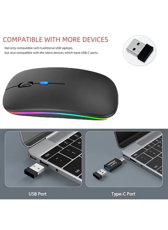 ماوس لاسلكي أسود قابل للشحن فائق النحافة هادئ BT 2.4GHz ثنائي الوضع مع محول USB-C للابتوب ماك بوك كمبيوتر لوحي آيباد - Image 3