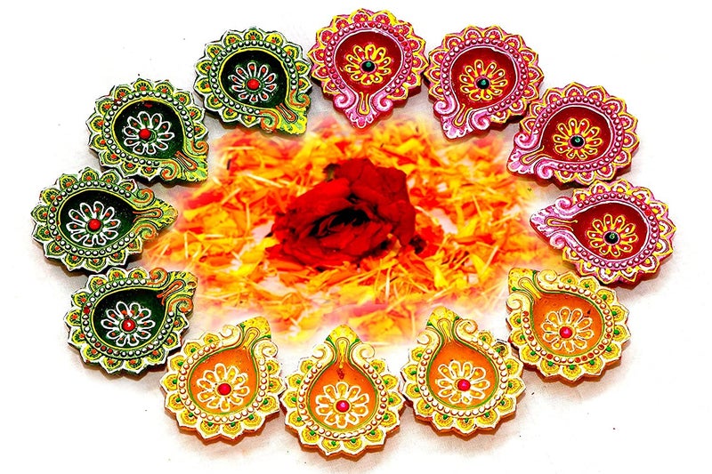 SHRIYAM CRAFT Clay 12 Diyas Diya Deepak Earthen Assorted Colorful Set Diwali Decoration Puja Handpainted Diya for Home Indoor Outdoor Diwali Design Handmade Mix Color Set of 12 - Image 1