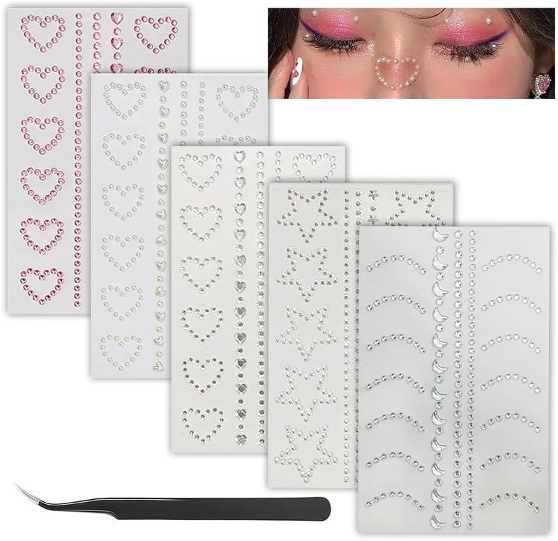 Self Adhesive Face Gems Pearls for Makeup,3D Heart Star Moon Shape Jewels Face Rhinestone Stickers for Face, Eye, Makeup, Nail, Body, Crafts