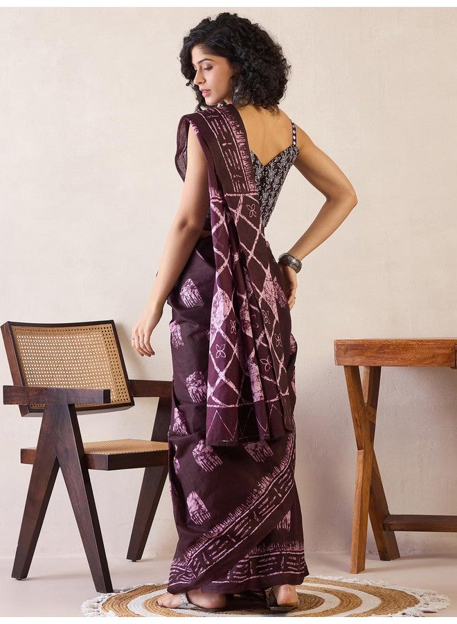 saree mall ساري مول ساري نسائي بلون بورغندي من قطن بطباعة باجرو جاهز للارتداء ساري دقيقة واحدة مع قطعة بلوزة غير مخيطة (RTWMINAXI6601_SMC) - Image 4