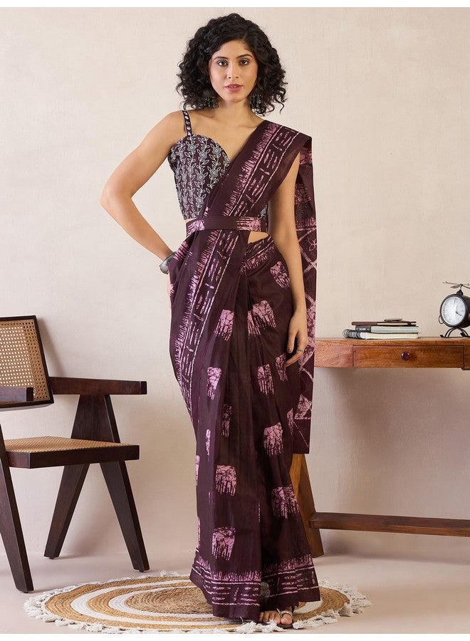 saree mall ساري مول ساري نسائي بلون بورغندي من قطن بطباعة باجرو جاهز للارتداء ساري دقيقة واحدة مع قطعة بلوزة غير مخيطة (RTWMINAXI6601_SMC) - Image 2