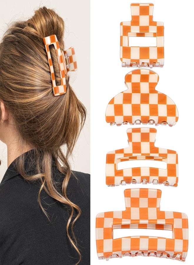 LLOUSSAK 4Pcs Checkered Hair Claw Clips, Non-Slip Hair Jaw Clips for Thick, Thin, Curly, Straight, Long Hair, Simple Style Orange and White Square Claw Clips, Women's Hair Accessories - Image 1