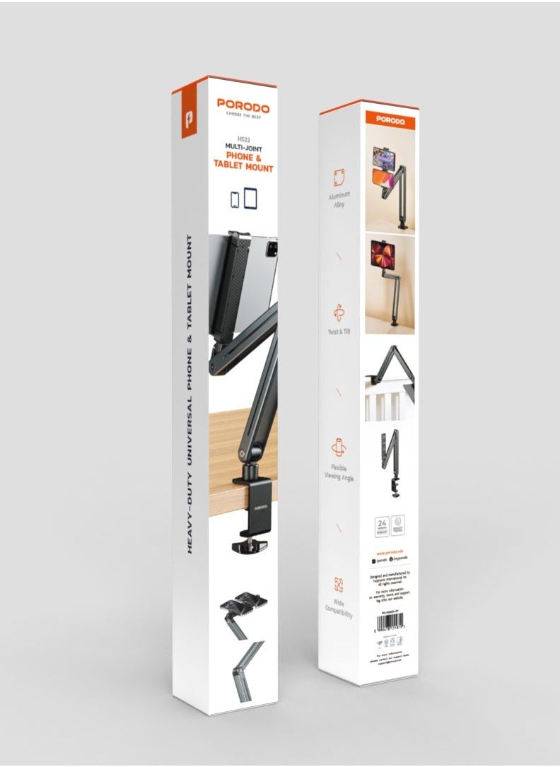 porodo - Multi-Joint Phone and Tablet Mount / Desk Mount / Phone Holder / Tablet Holder / Wide Compatibility / Flexible Viewing Angle / Twist & Tilt - Grey - Image 1