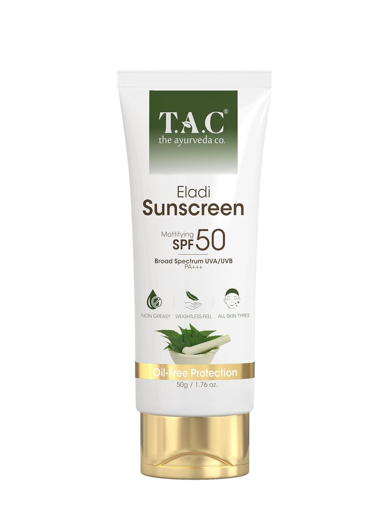 TAC Eladi Sunscreen Gel SPF 50 PA+++|High Grade Sun Protection with UVA/B + Blue Light Barrier|Matte Gel Sunscreen| For Acne Prone Oily Skin|No White Cast & Weightless|Pore Minimizing & Priming- 50gm - Image 1