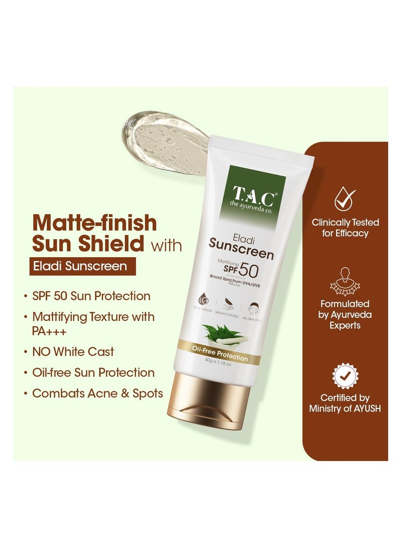 TAC Eladi Sunscreen Gel SPF 50 PA+++|High Grade Sun Protection with UVA/B + Blue Light Barrier|Matte Gel Sunscreen| For Acne Prone Oily Skin|No White Cast & Weightless|Pore Minimizing & Priming- 50gm - Image 4